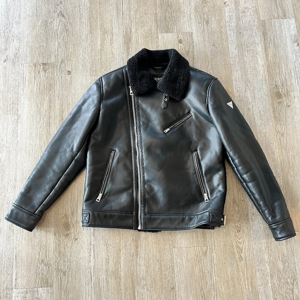 Womens Guess Black Faux Leather & Fur Jacket - L